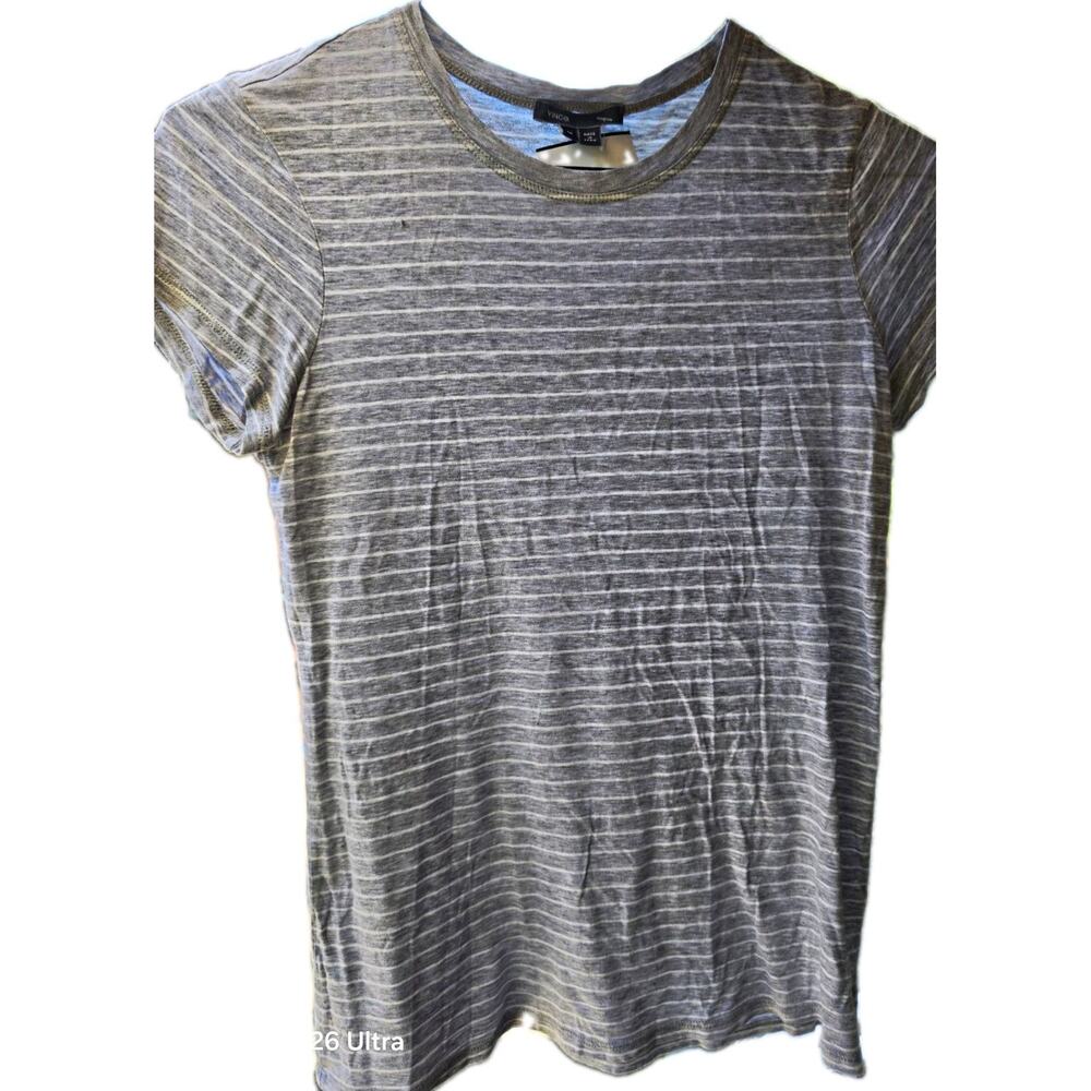 Vince. Gray/White Striped Short Sleeve Crew Neck T-Shirt M Pima Cotton Modal